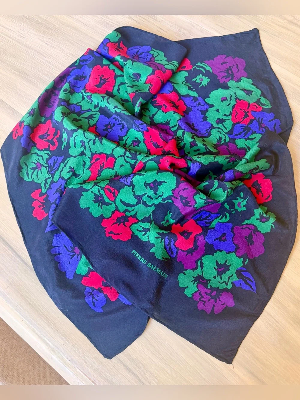Balmain Navy Floral Silk Scarf Cottagecore Green Purple Pink Blooms